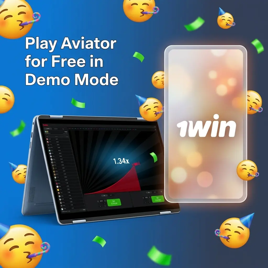 Aviator demo mode on 1win showing free play interface with virtual credits, multipliers, and Auto Cashout feature