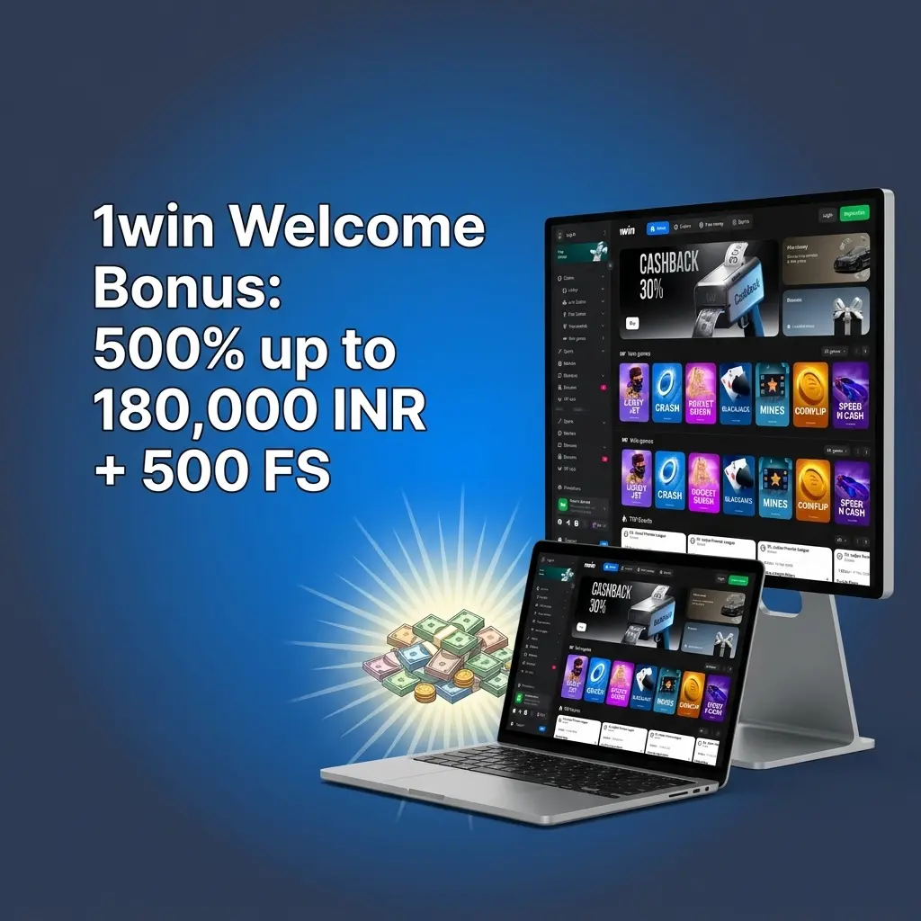 1win welcome bonus table showing 500% up to 180,000 INR across 4 deposits plus 500 free spins for Indian players