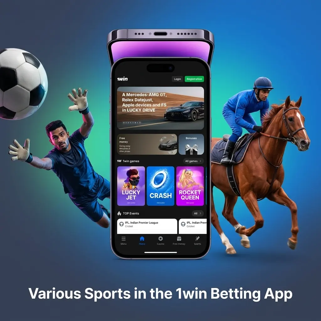 1win betting app sports selection showing cricket, football, kabaddi, tennis, eSports and 40+ disciplines for LIVE and LINE betting